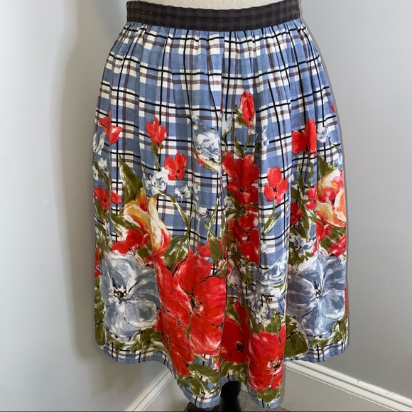 Odille Dresses & Skirts - Odille Anthropologie linen blend plaid floral bird print full skirt size 0-2 XS